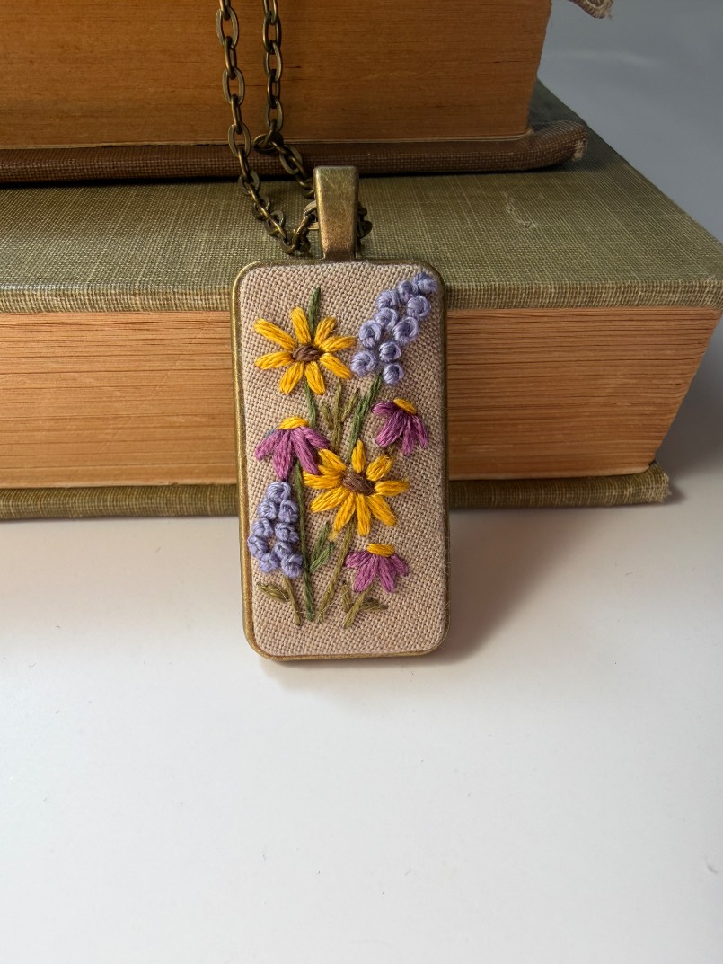 Hand-embroidered Wildflower Necklace In Antique Bronze Setting
