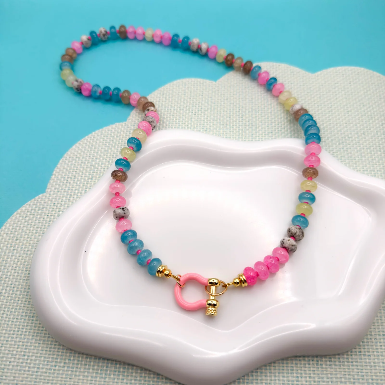 18" Colorful Mixed Gemstone Necklace With Pink Enamel Horseshoe Charm by Graffiti Arcade