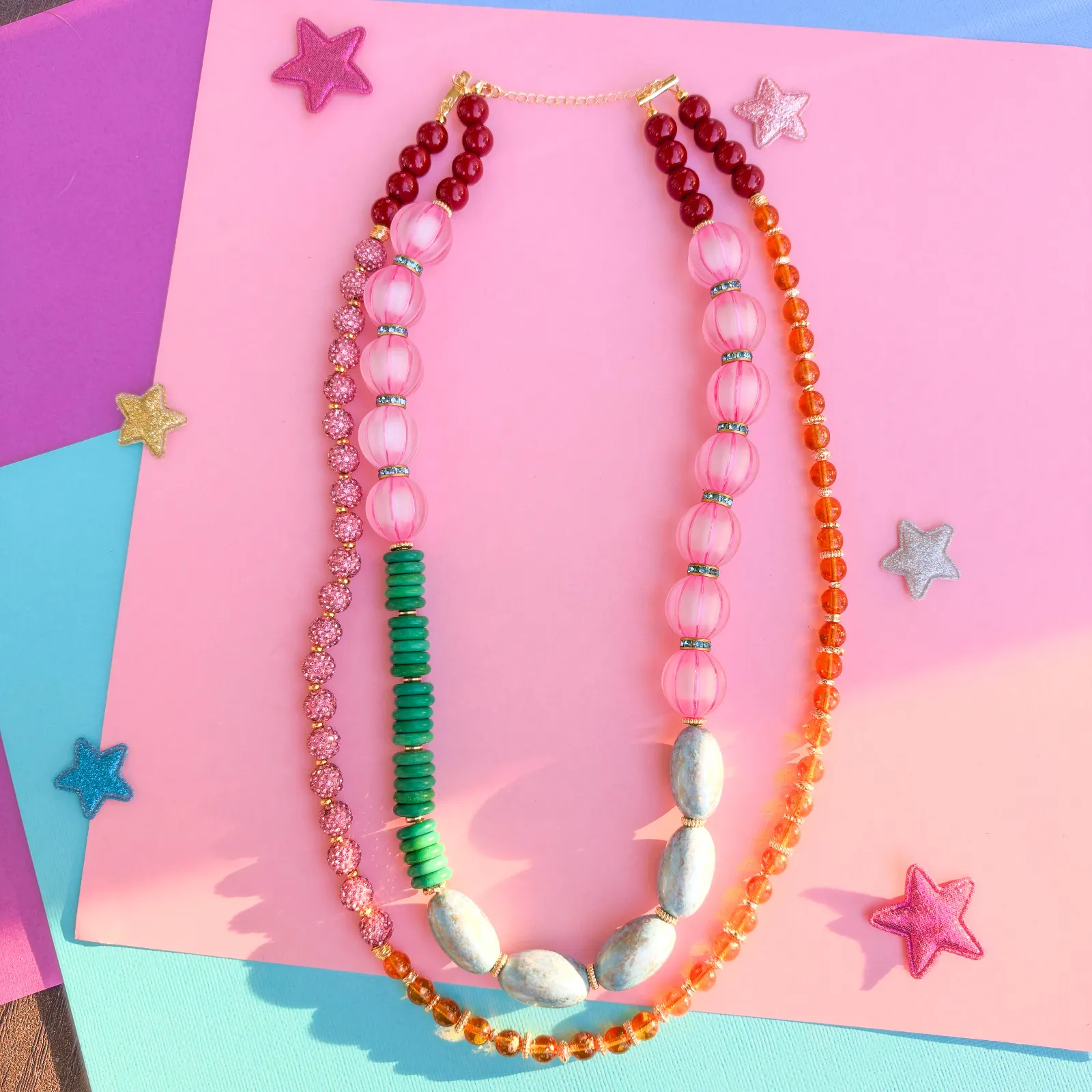 Long Colorful Statement Necklace, Maximalist Chunky Jewelry, Handmade Multistrand Beaded Necklace