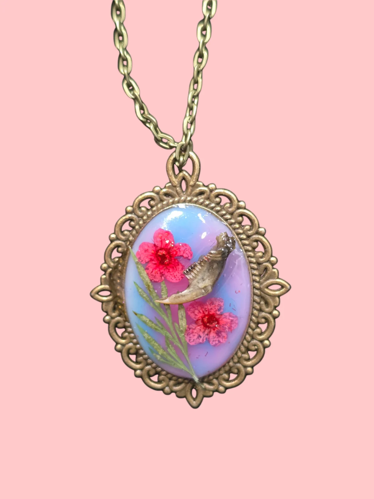 Mouse Jawbone And Flowers Pendant Necklace