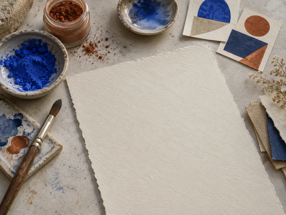 Artists’ pigments, a paintbrush, handmade paper and geometric printed studies on a studio table