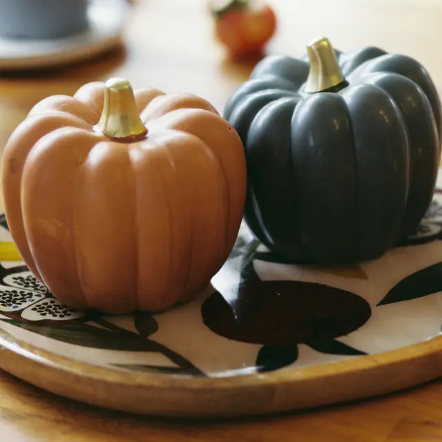 Two ceramic pumpkins, terracotta and charcoal, on a painted plate on a sunlit wooden table
