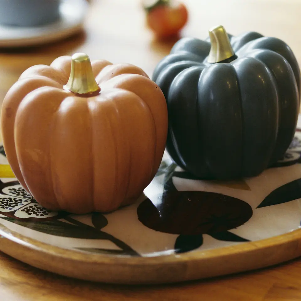 Two ceramic pumpkins, terracotta and charcoal, on a painted plate on a sunlit wooden table