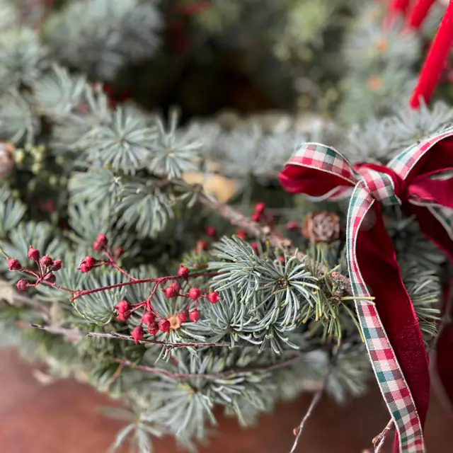 A Christmas wreath of fir with red berries and a red plaid ribbon