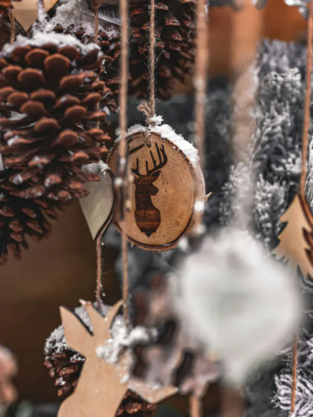 Wooden slice ornaments, one burned with a deer, hanging on twine among frosted pine cones